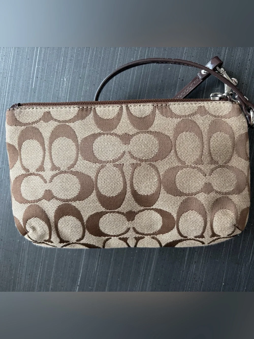 Coach Signature Brown Canvas Wristlet with Turnlock - Picture 3 of 4